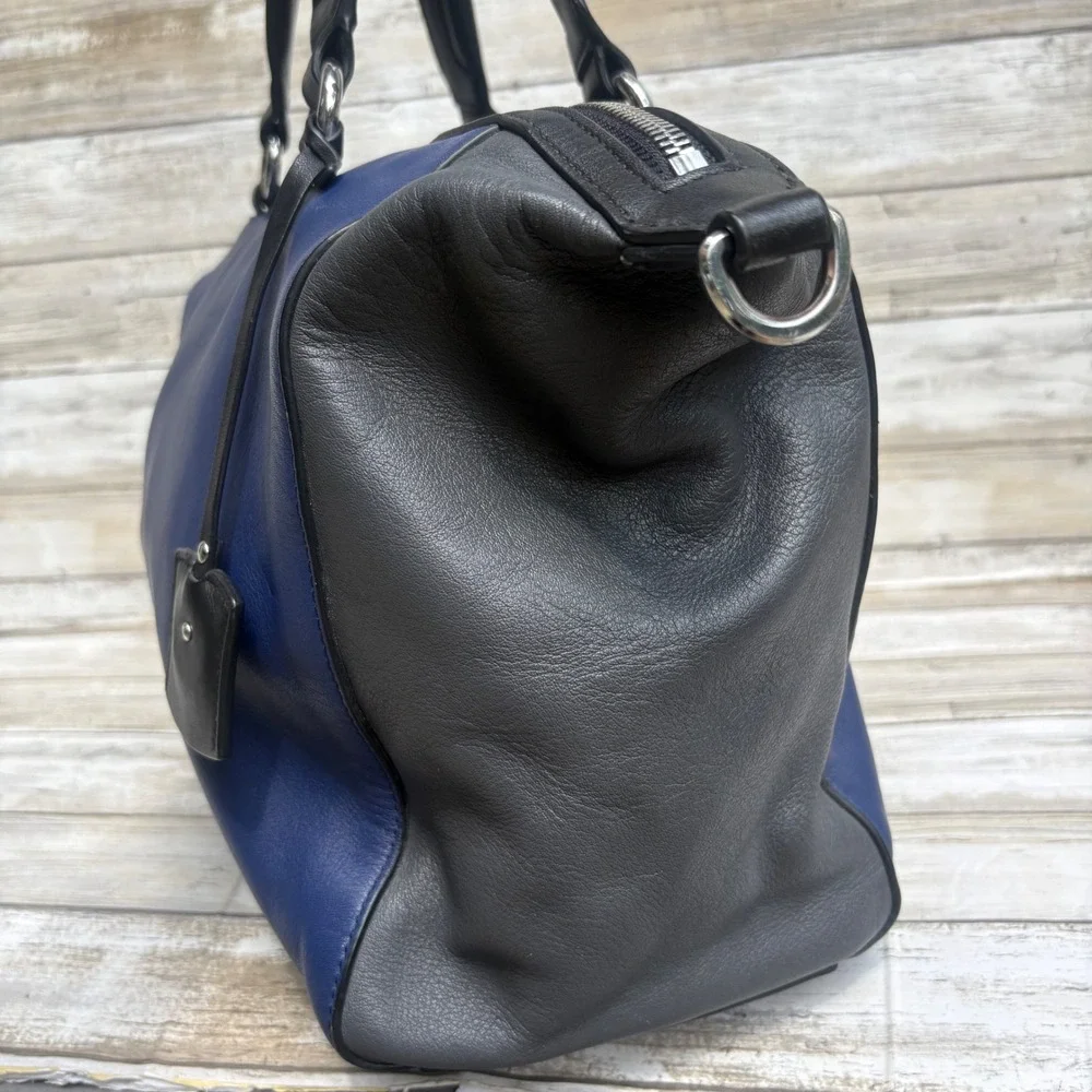 Karen Millen Satchel Bag OS Blue Black Leather Colorblock Tote Purse Quiet Luxuy